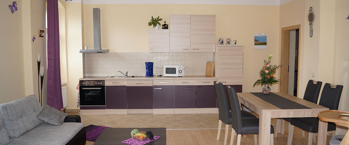 Geräumige Wohnküche der Ferienwohnung mit Einbauküche und Esstisch