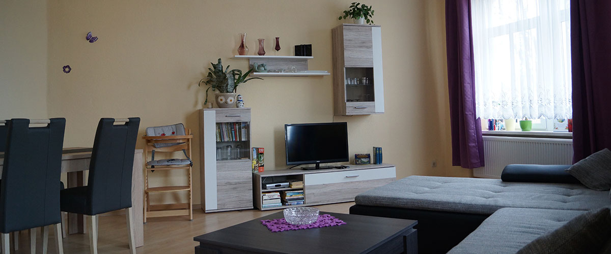 Wohnbereich der Ferienwohnung mit Fernseher, Sitzgruppe und großem Fenster